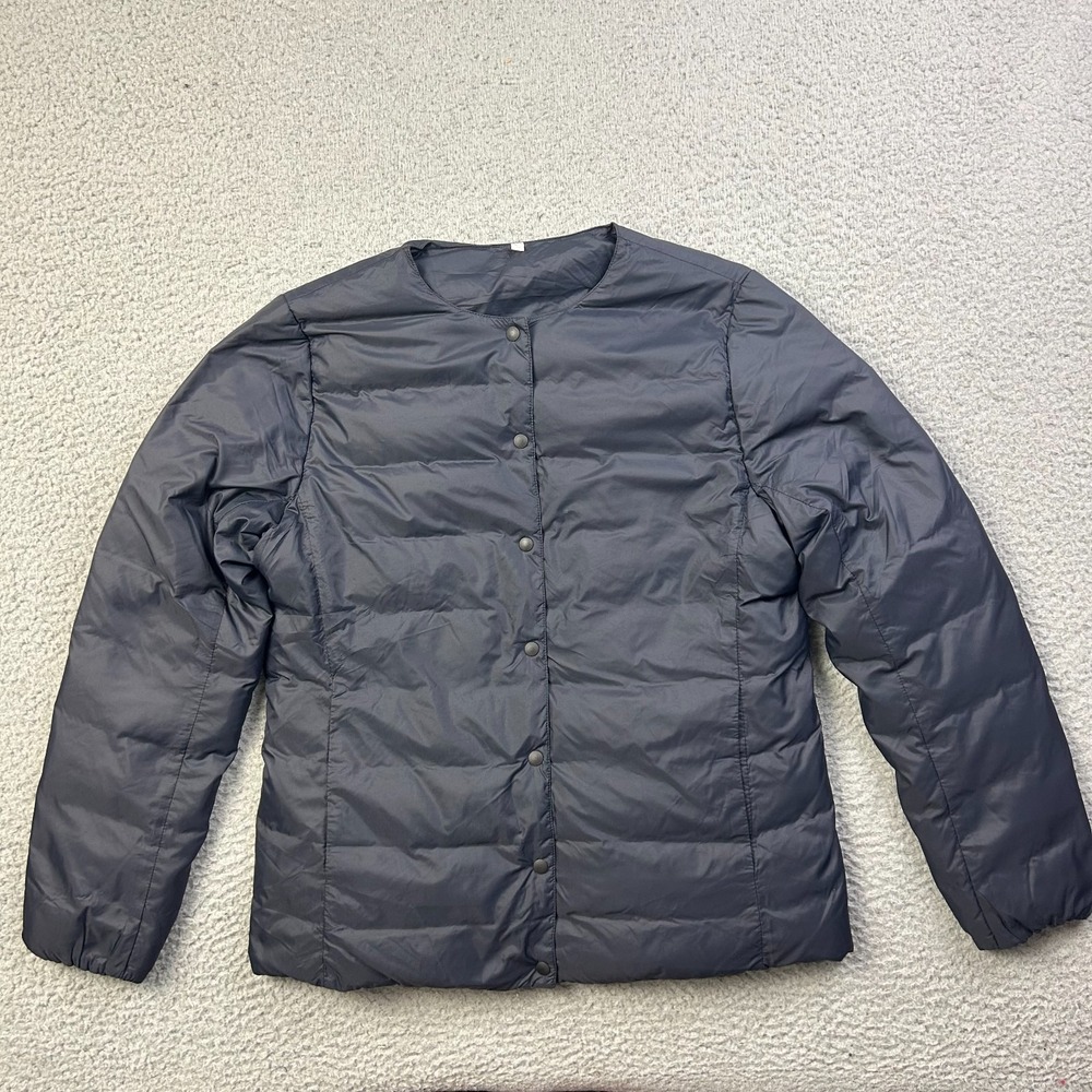 MUJI Womens Lightweight Down Collarless Jacket Puffer Snap Button Black Medium